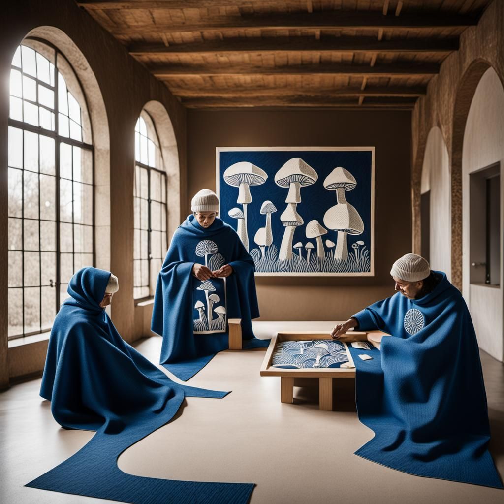 Italian Activists Tending Mushrooms: Linocut on Fabric