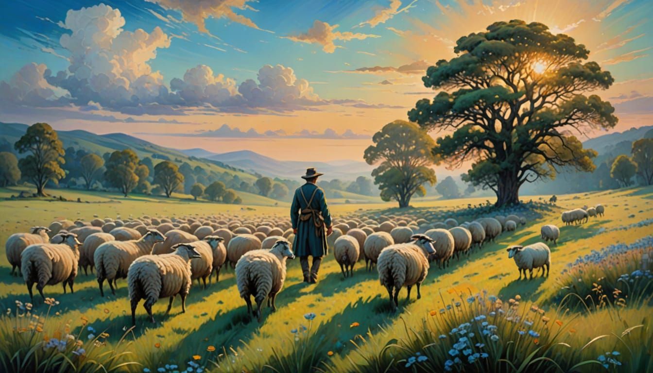 Serene Shepherd in an Idyllic Landscape