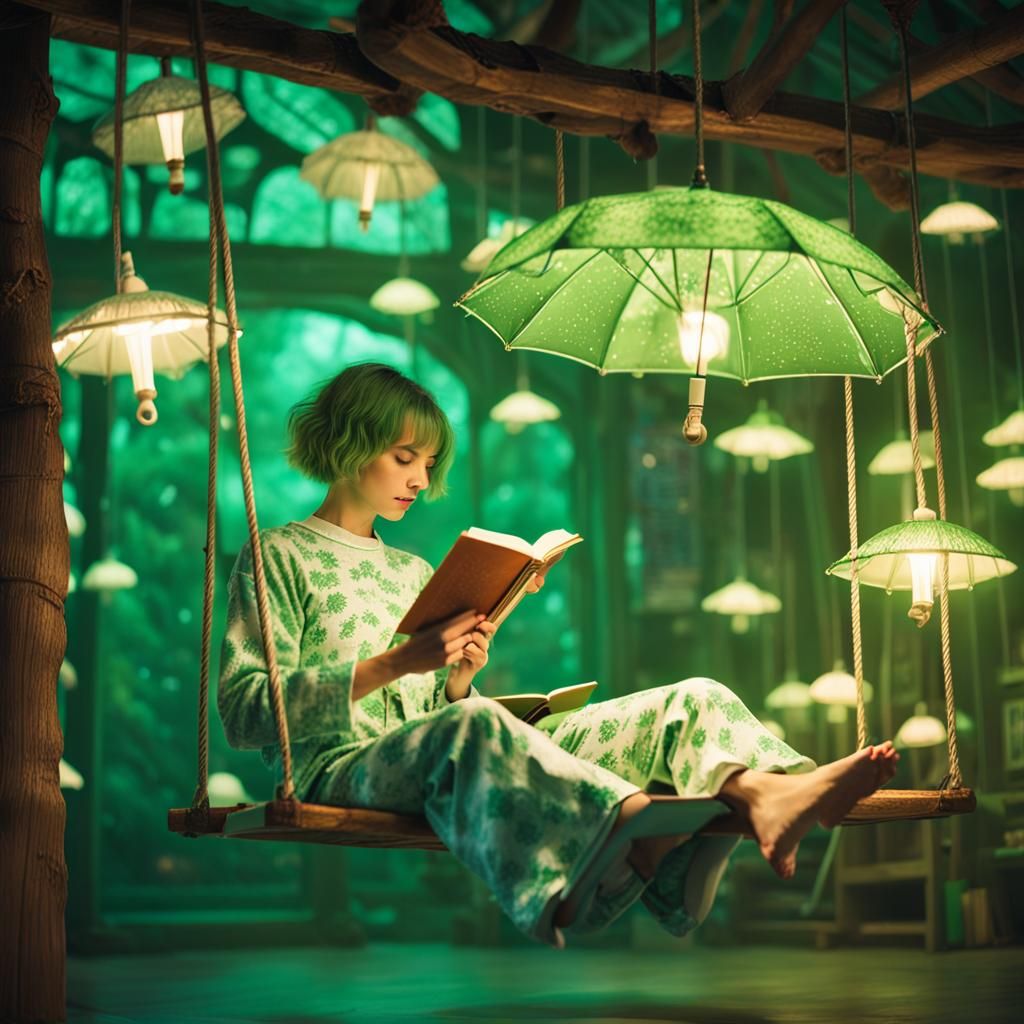 Ethereal Porch Scene with Upside-Down Umbrella Lamps