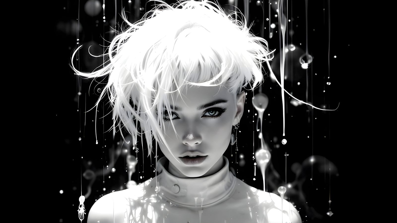 Striking White Hairstyle with Detailed Ink Retouching