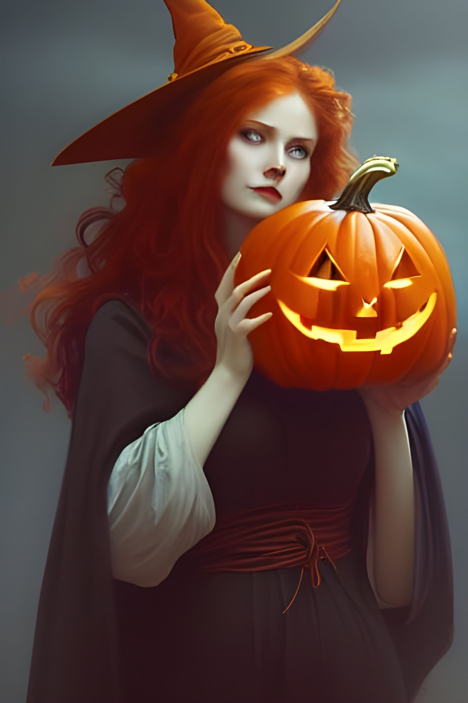 Ginger Witch with Pumpkin: Fantasy Art Portrait