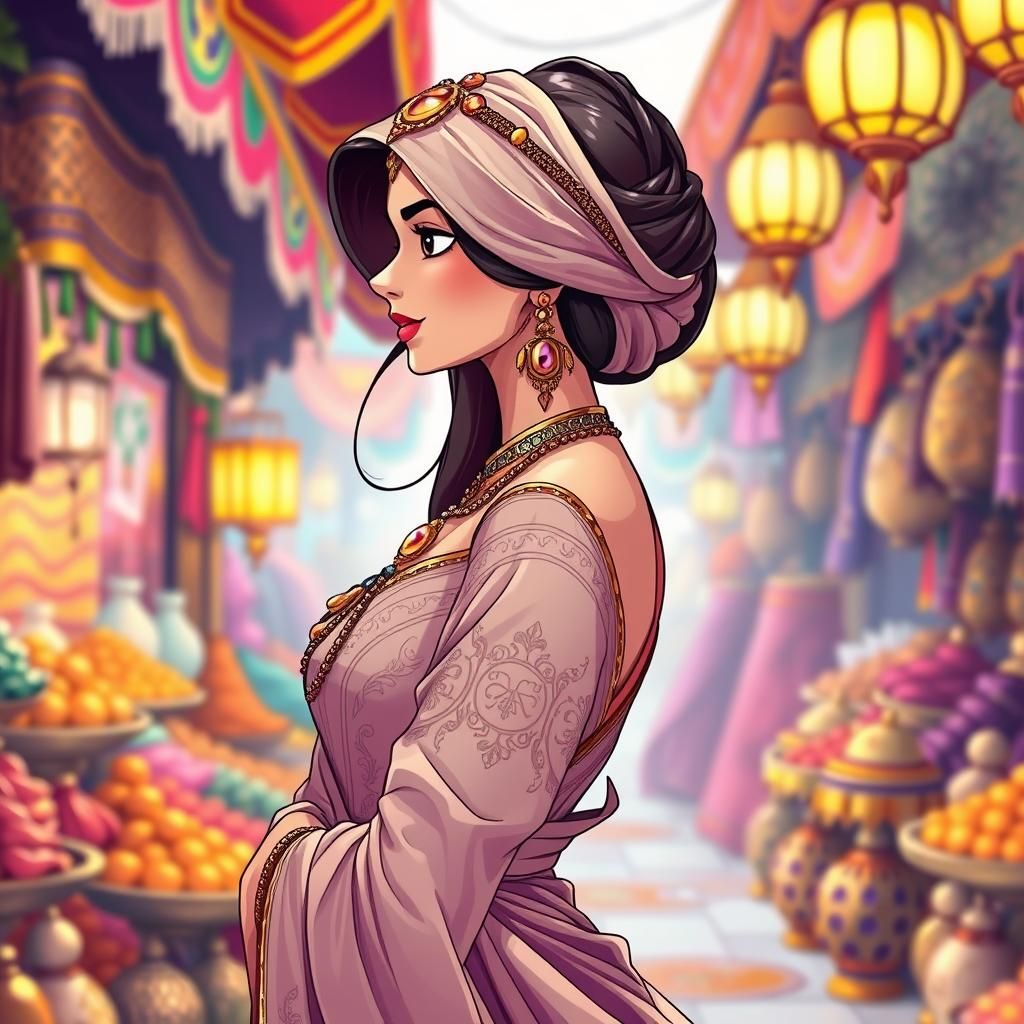 Anime Princess Jasmine in Arabian Market Scene