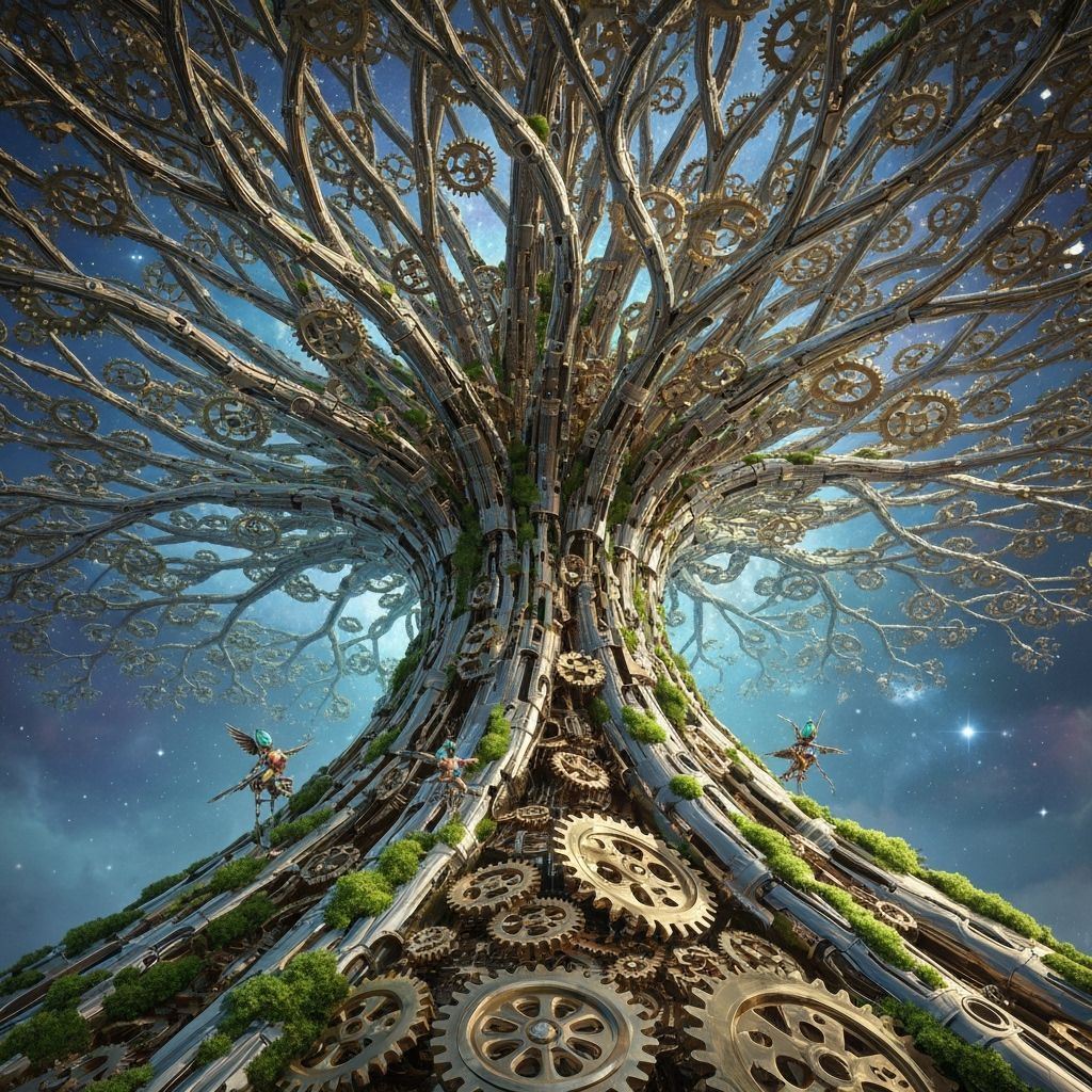 Colossal Brass Gear Tree Under Nebula Sky