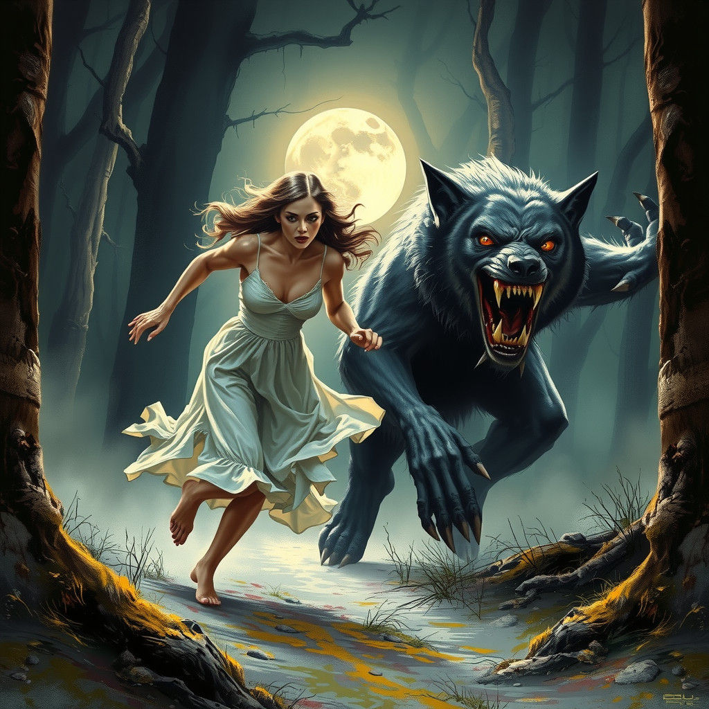 Werewolf Chase in Misty Forest, Fantasy Art