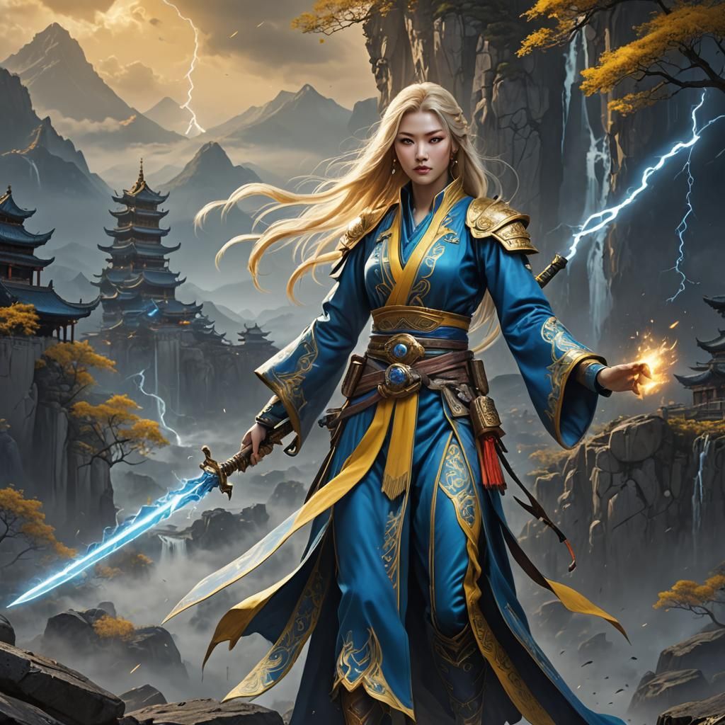 Warrior Xianxia in blue and yellow. Misty Mountains.