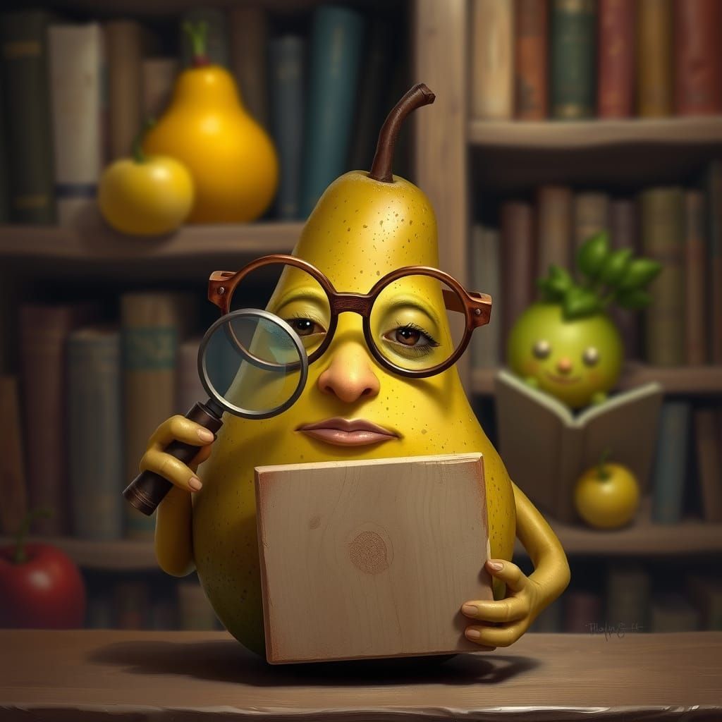 Anthropomorphic Pear in a Whimsical Library Scene