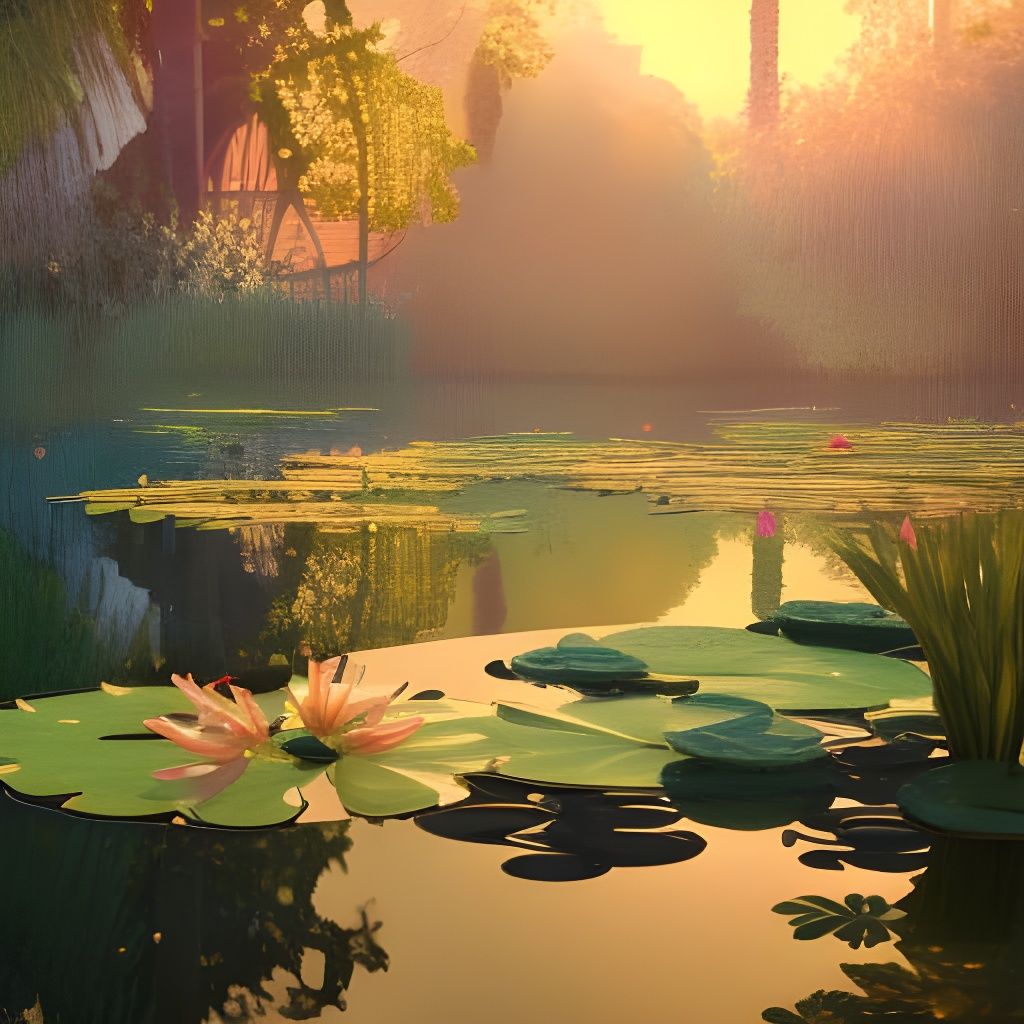 Lily Pad Pond at Golden Hour: Dreamy Digital Art