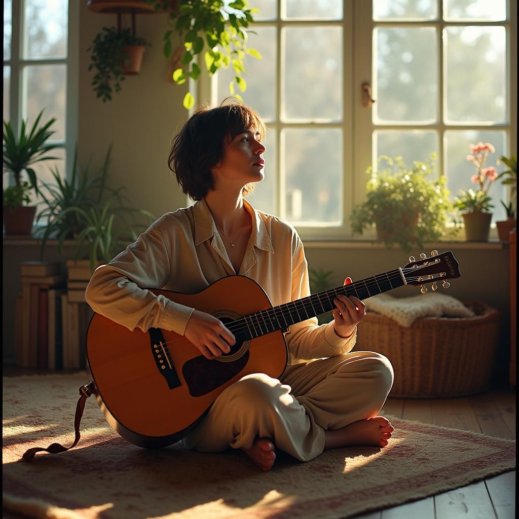 Serene Woman Playing Guitar in Sunny Room