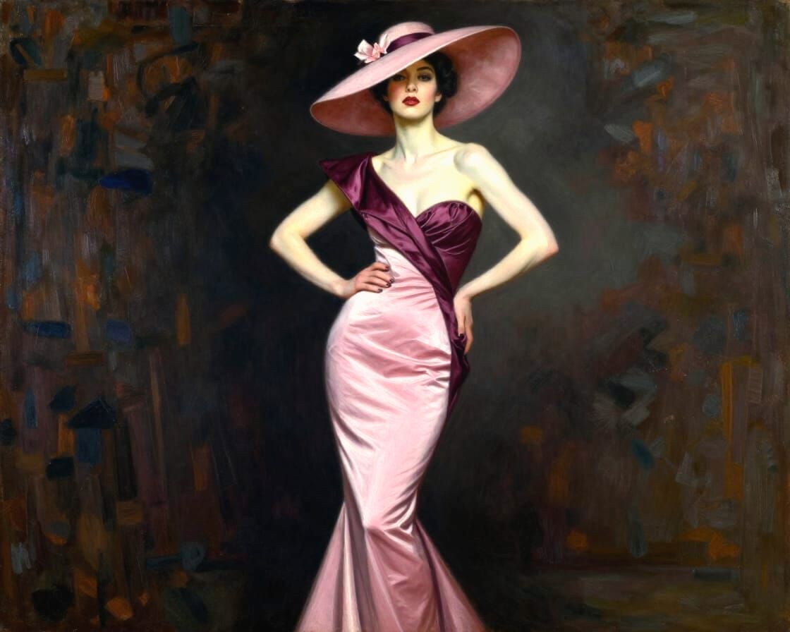 Chic Avant-Garde Woman in Plum Gown and Hat