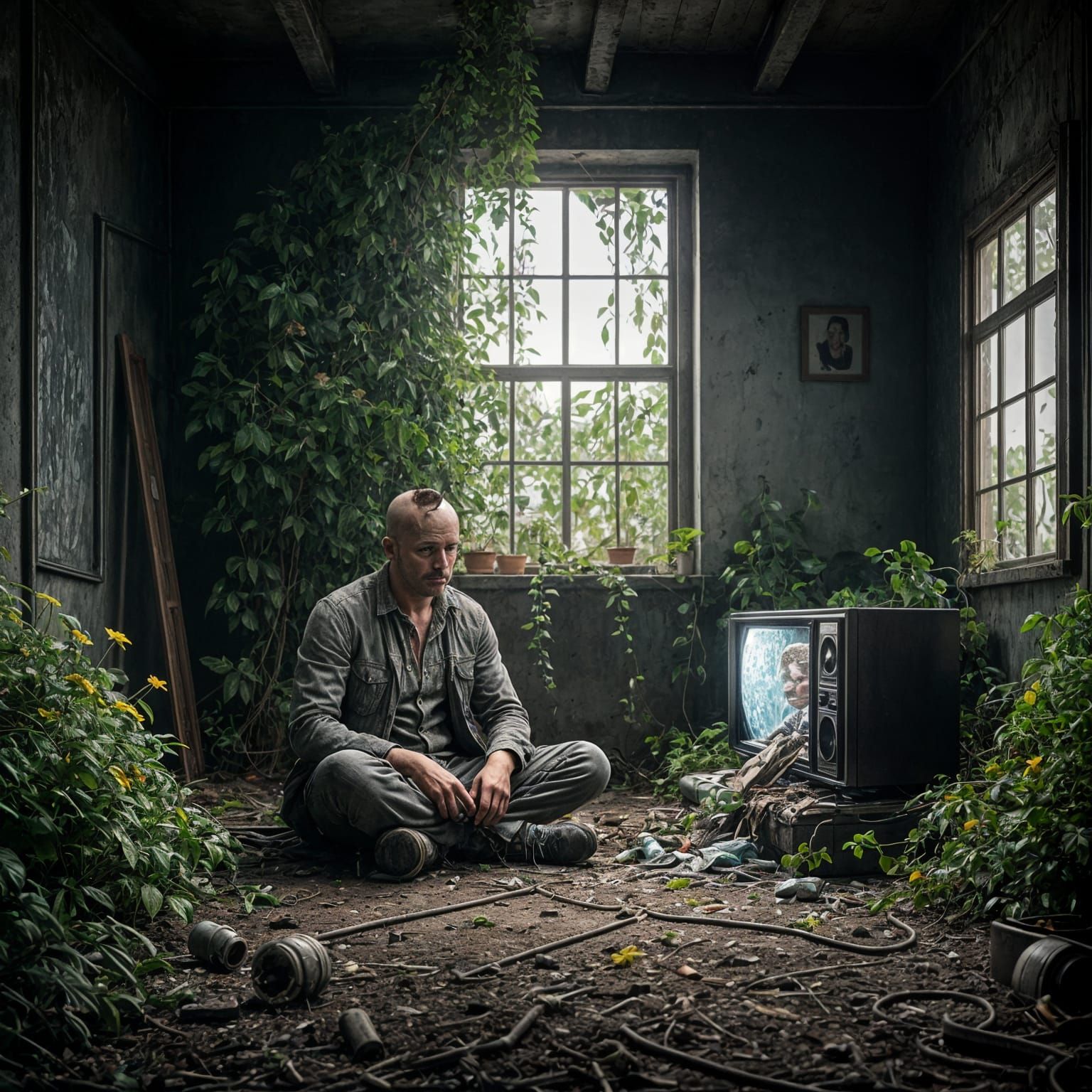 Surreal TV Head Man in Decaying Garden Room