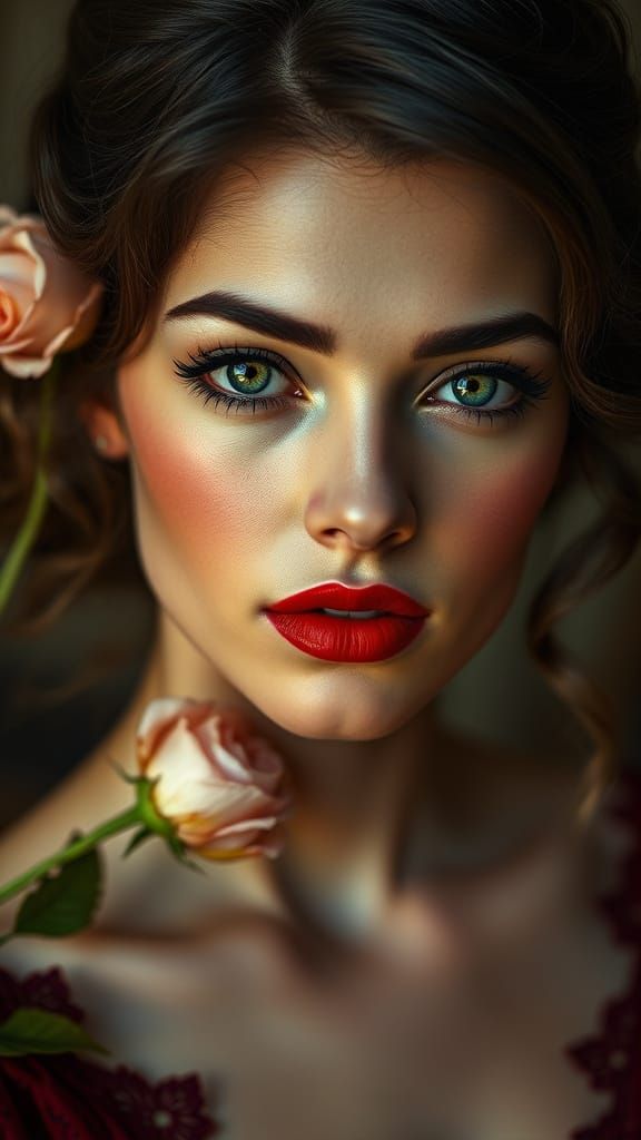 Brunette Lady Portrait with Green Eyes and Red Lips
