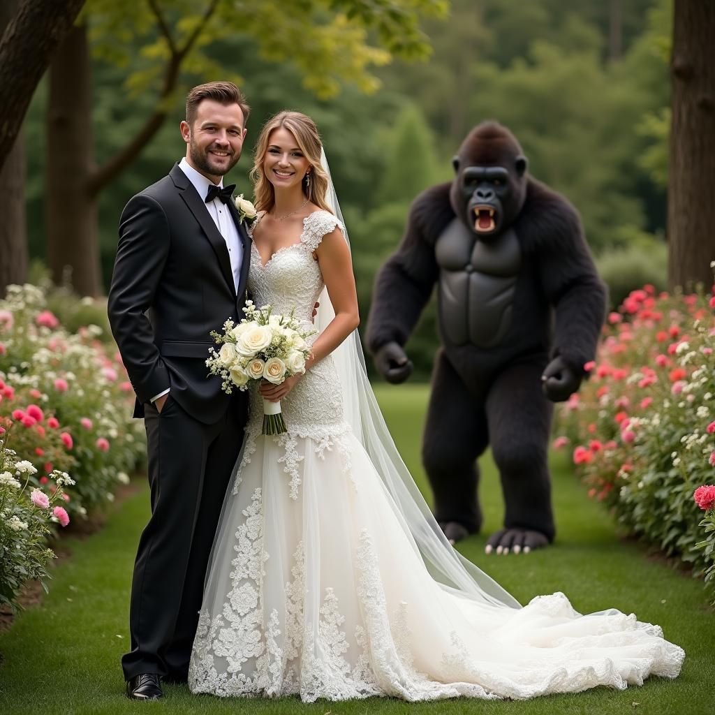 Whimsical Wedding Photo with Gorilla Costume Surprise