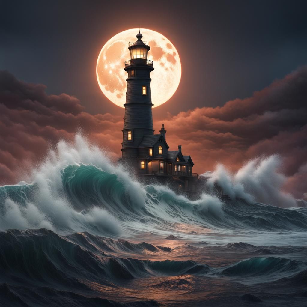 Lighthouse Under Full Moon: A Greg Rutkowski-Inspired Painti...