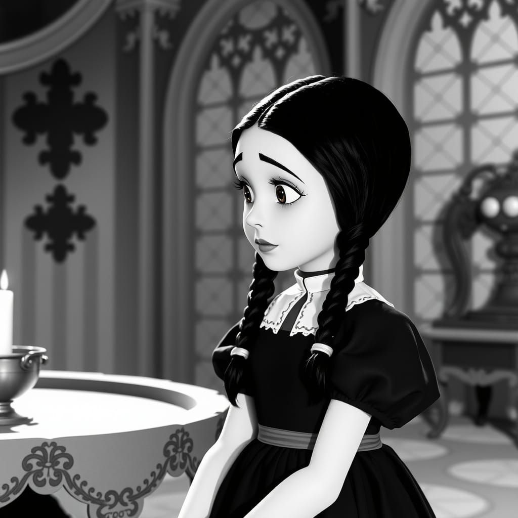 Child Wednesday Addams in 1941 Black and White Horror Style