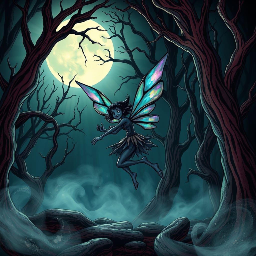 Moonlit Sprite Dance in Dark Fantasy Forest