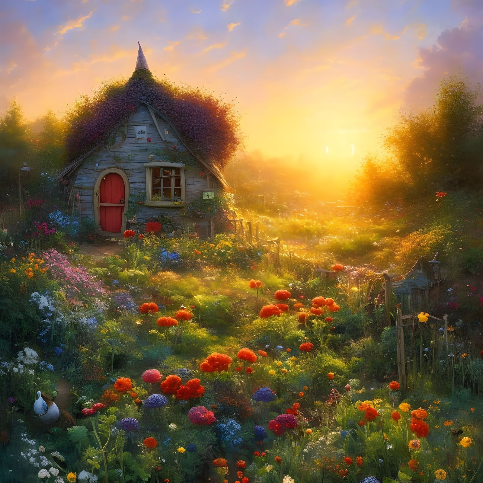 Lush Colorful Garden at Sunset, Whimsical Matte Painting