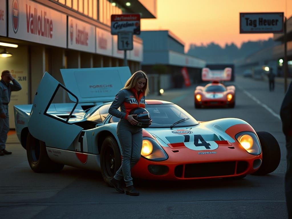 Vintage Le Mans Pit Lane Scene in Cinematic Style