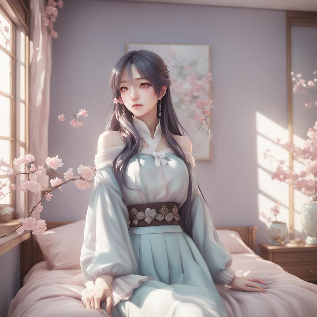 beautiful korean girl, leaning back, in a fancy bedroom