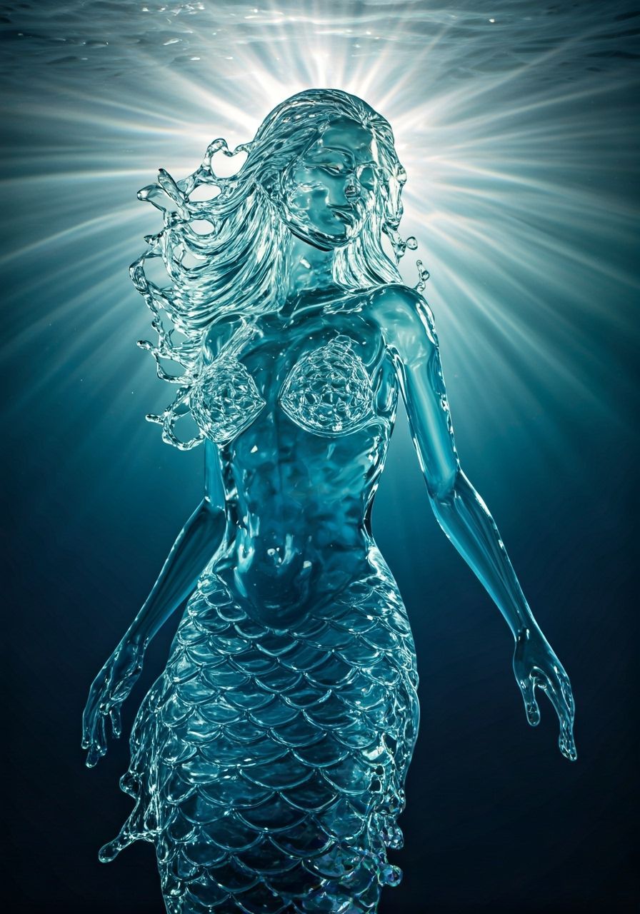 Photorealistic Liquid Water Mermaid Sculpture Underwater