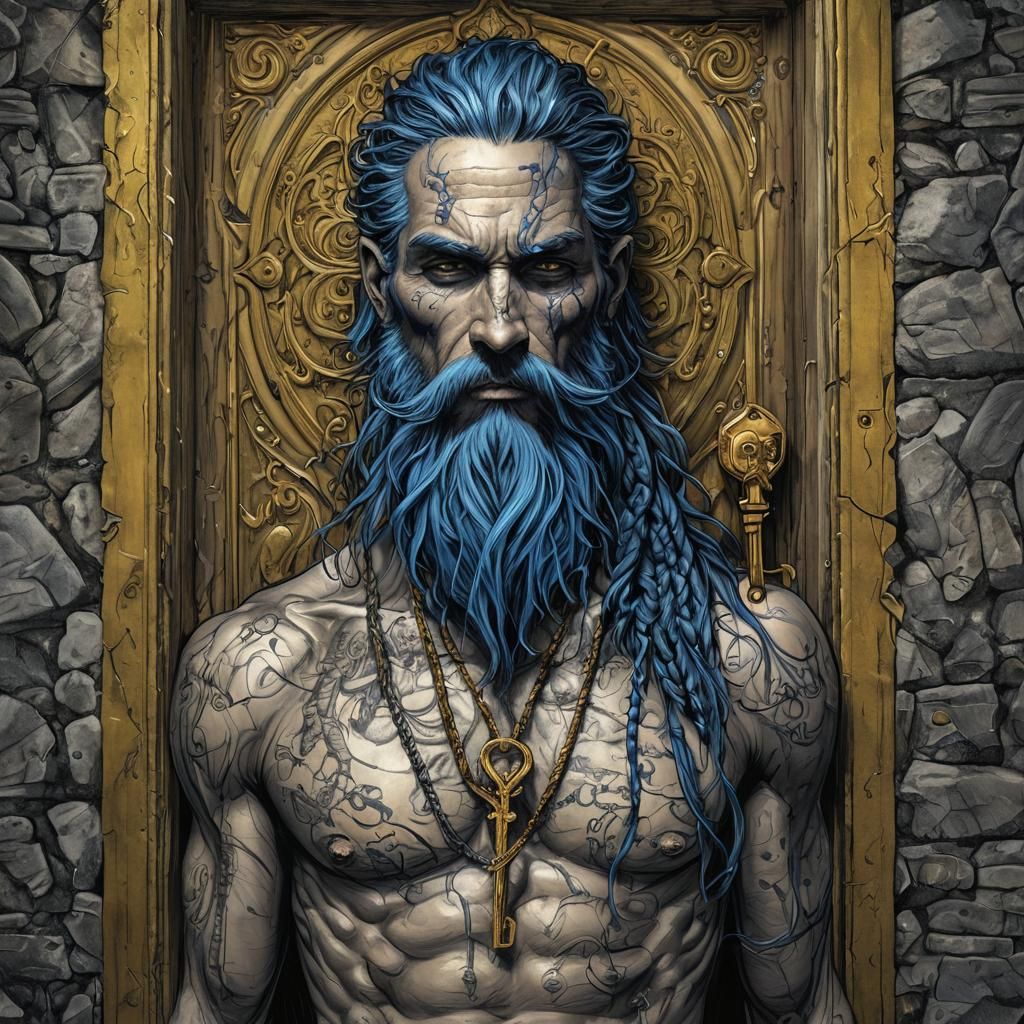 Scary Bluebeard Portrait with Gold Key, Ink Sketch