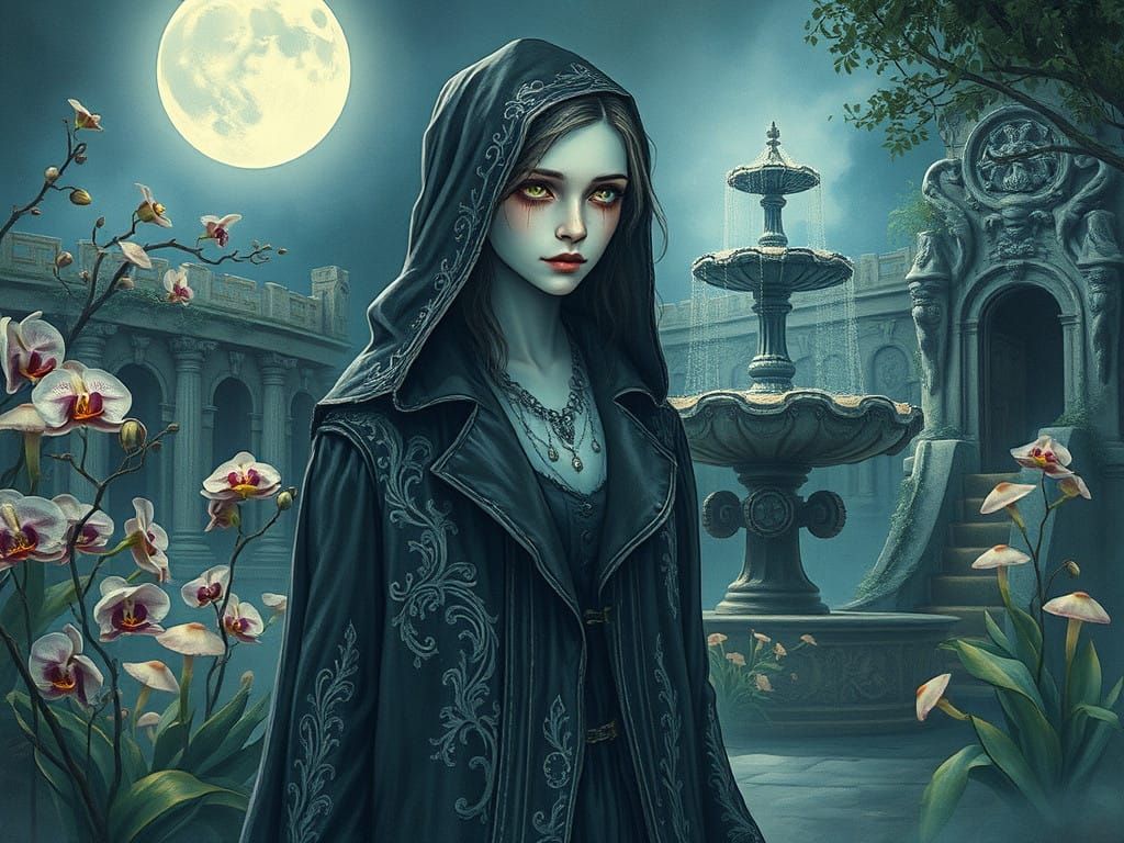 Victorian Steampunk Figure in Desolate Moonlit Garden