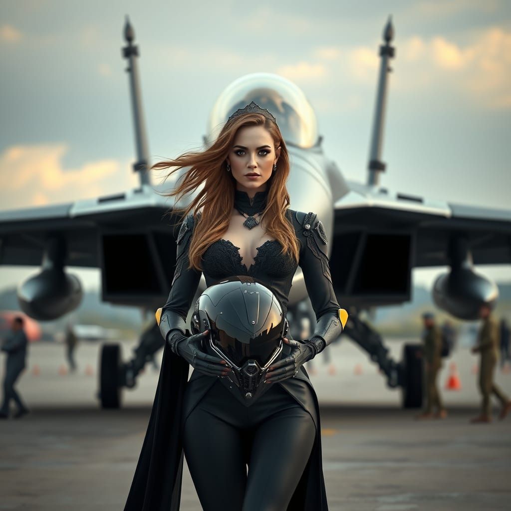 Sci-Fi Princess with Robot Armor on Airfield