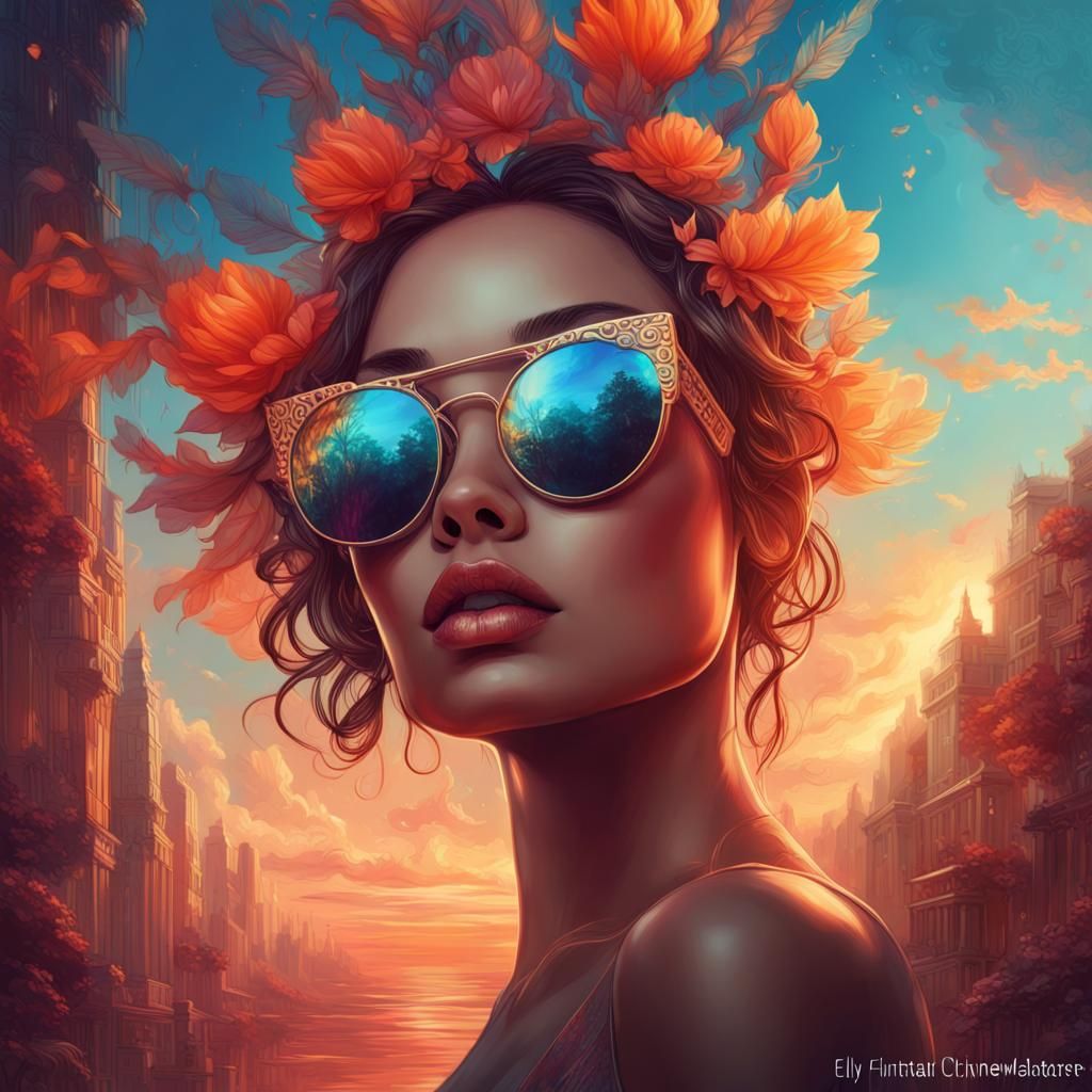 Surreal Woman in Mirrored Sunglasses, Digital Art