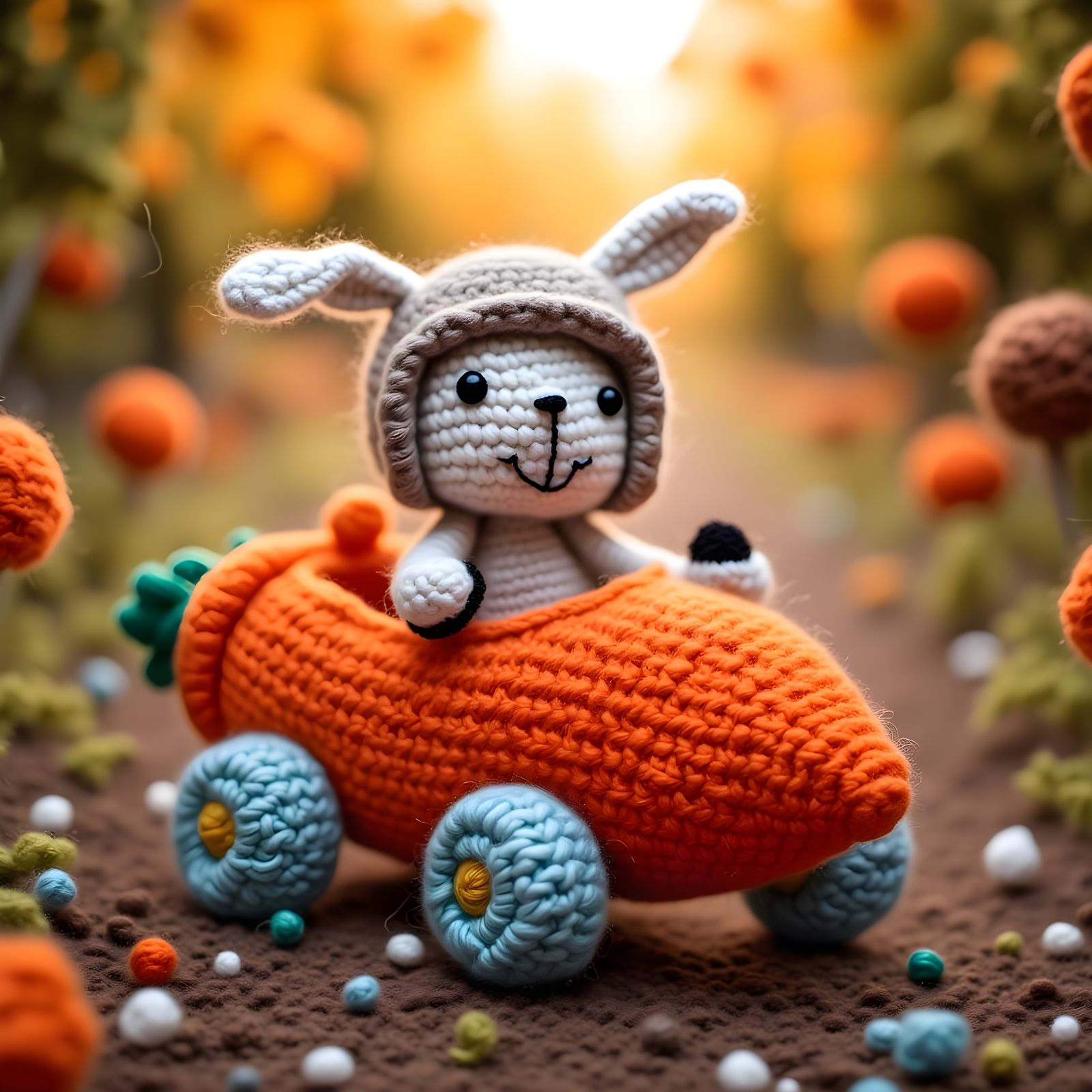 Adorable Yarn Rabbit in Carrot Go-Cart