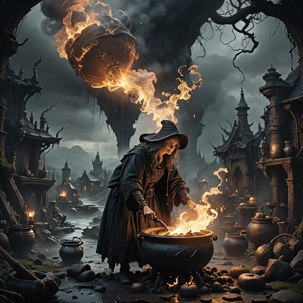 Witch and Cauldron in Dark, Dramatic Scenery