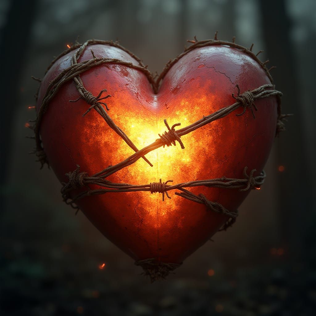 Radiant Heart Encased in Barbed Wire and Darkness