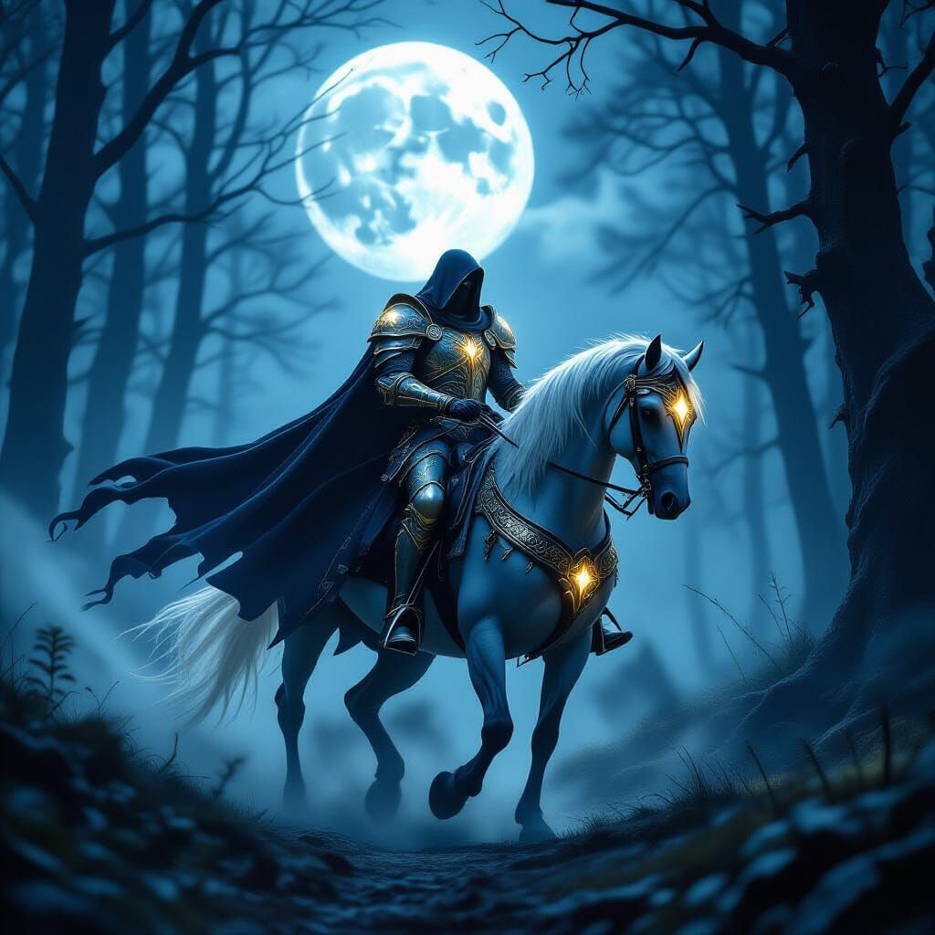 Knight Rides Spectral Horse Through Dark Forest
