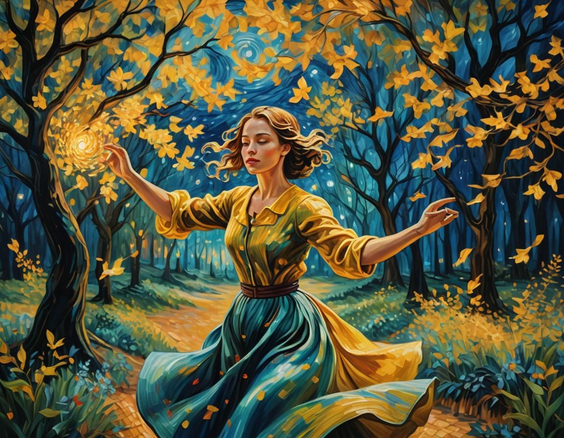 Girl Dancing with Nightingales: Impasto Oil Painting