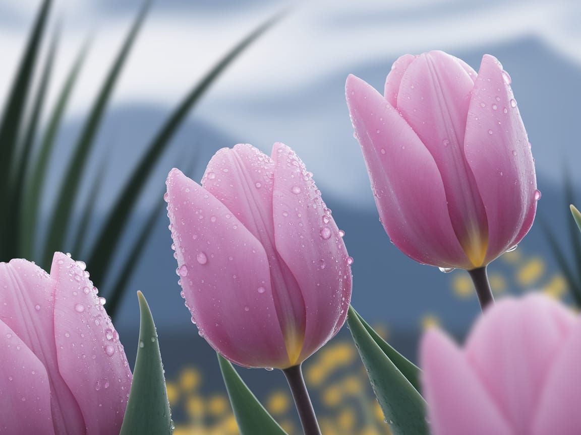 Pink Tulips with Water Droplets in Cinematic Style