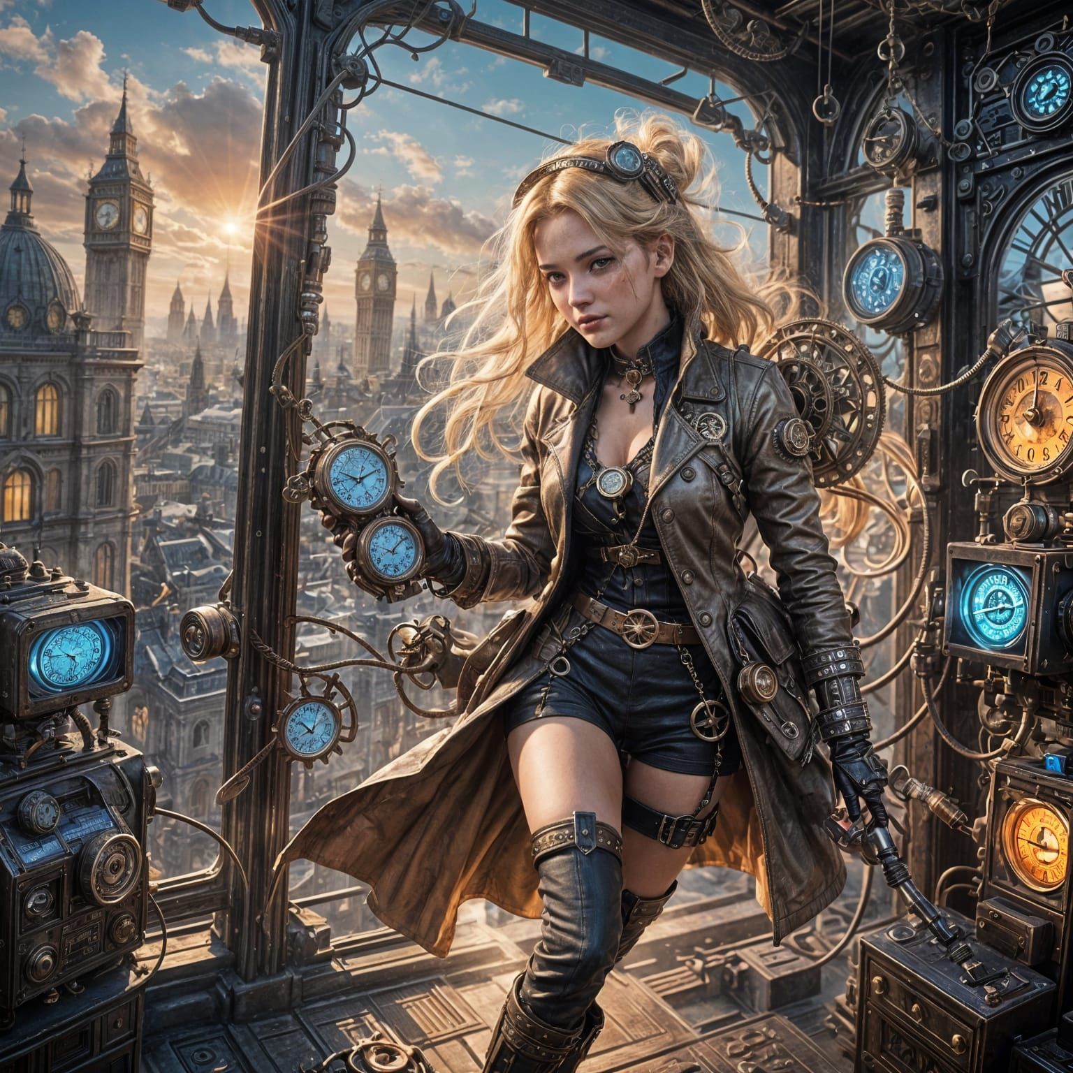 Steampunk Girl with Clockwork Time Machine