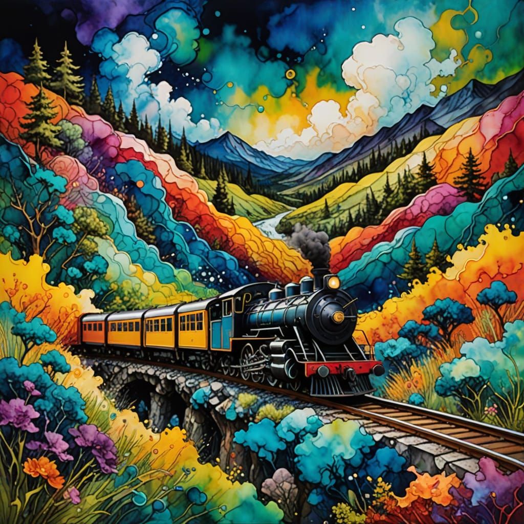 Fantastical Train Journey in Whimsical Art Style