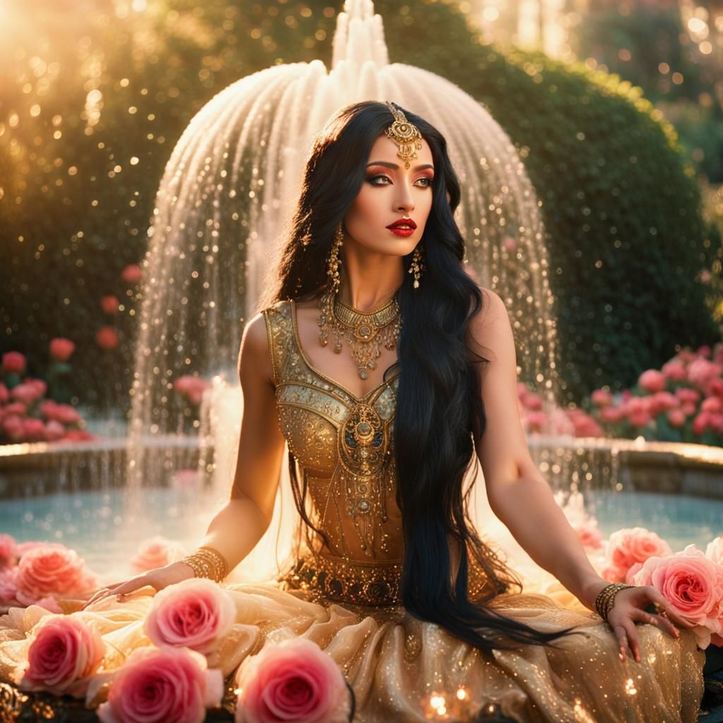 Bellydancer on Golden Throne in Rose Garden