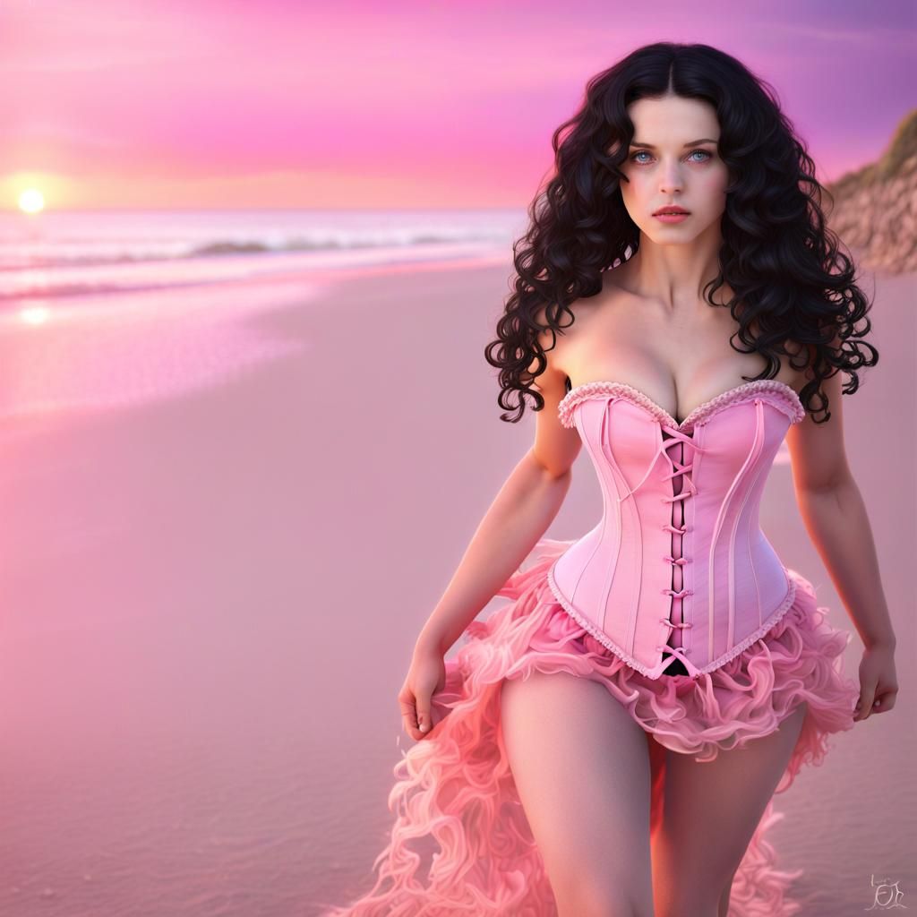 Summer Witch on Beach at Sunset, Detailed Digital Art