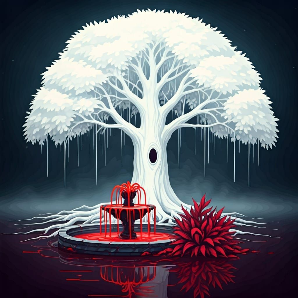Eerie White Tree and Blood Fountain Watercolor