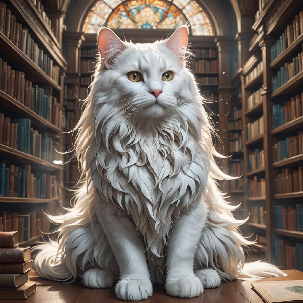White Cat Portrait in Library, Hyperdetailed Digital Art