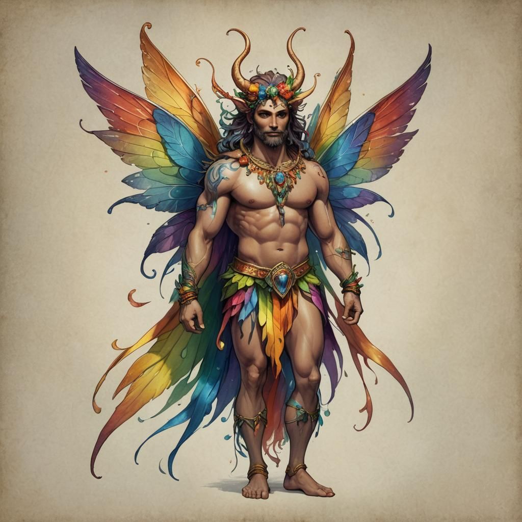 desirable curvaceous anthropomorphic rainbow male fairy with none clothed with rainbow fairy wings and wearing a loin-cl...