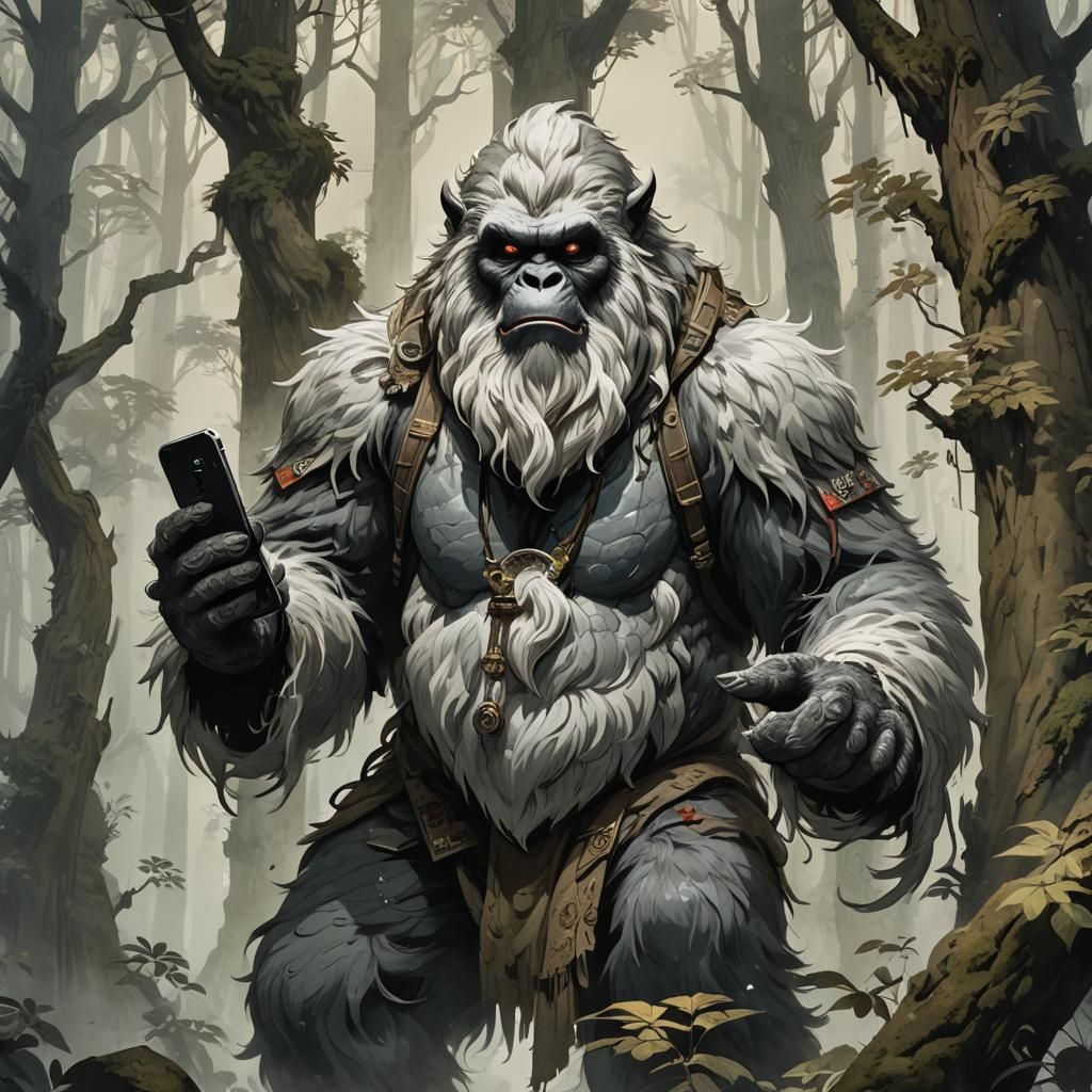 Yeti Captures Selfie in Misty Forest, Oriental Fantasy Style