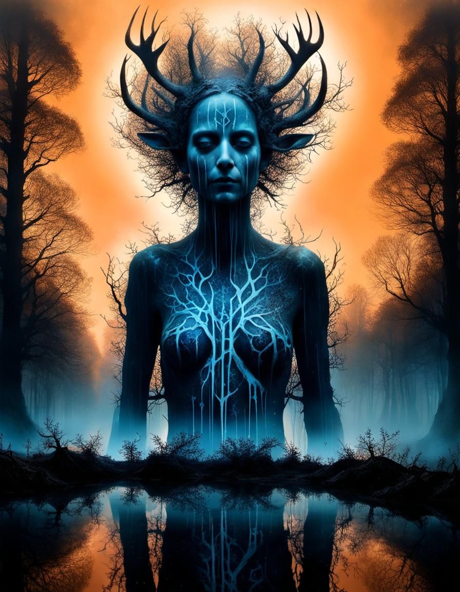 Dryad with Antlers in Copper Cyanotype Style