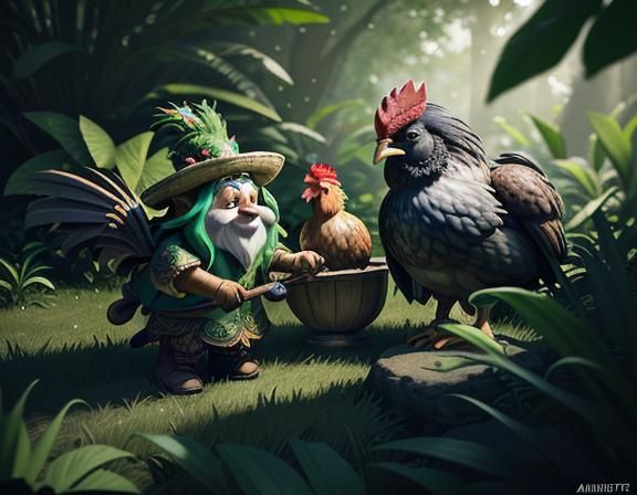 Gnome Feeds Rooster: 3D Game Cinematic Graphics
