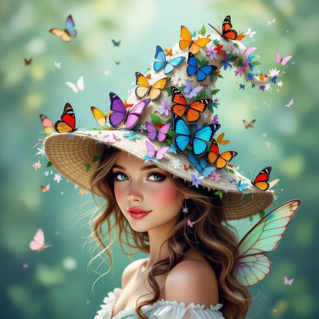 Whimsical Fairy with Butterfly Hat Fantasy Art