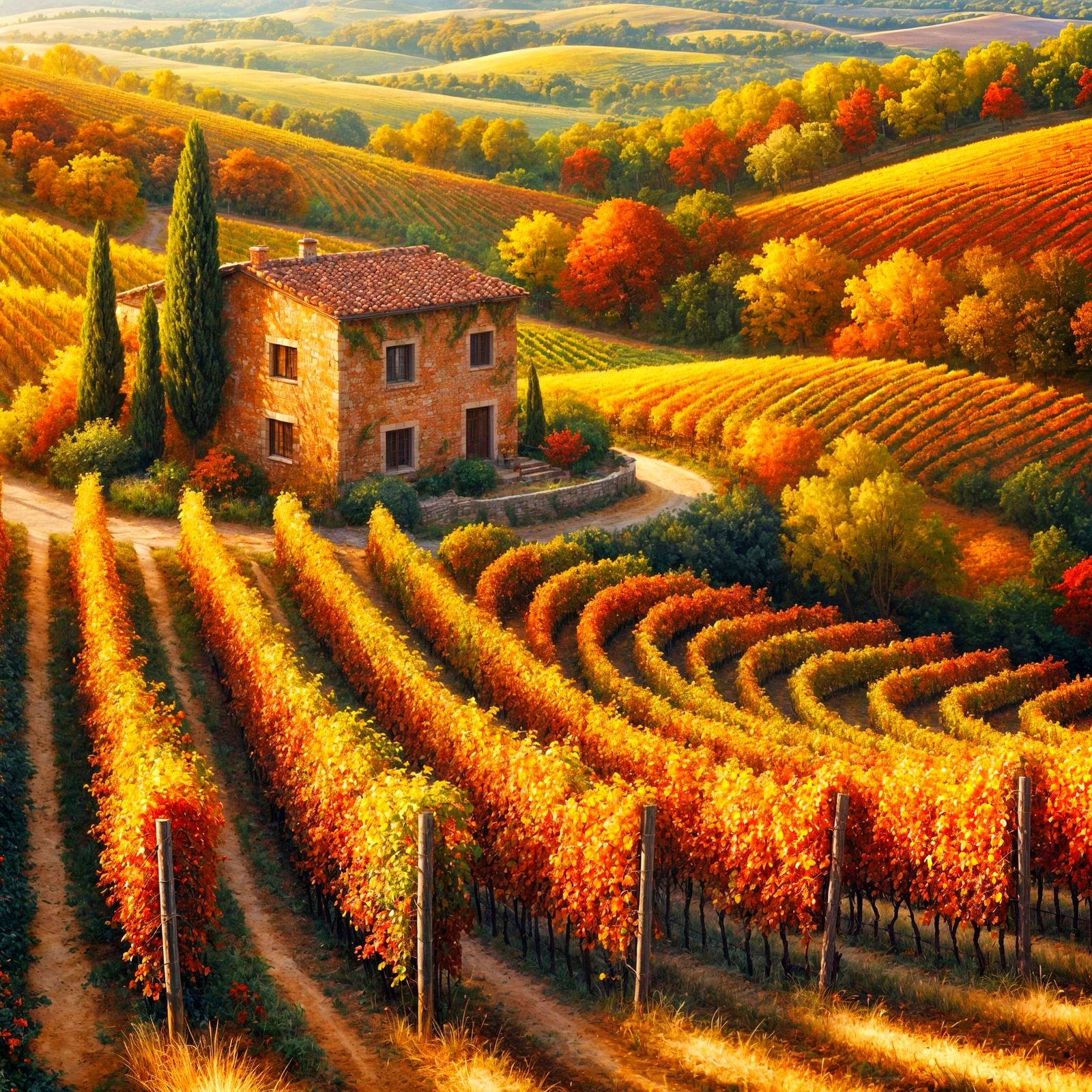 Golden Hour Vineyard Harvest in Painterly Realist Style