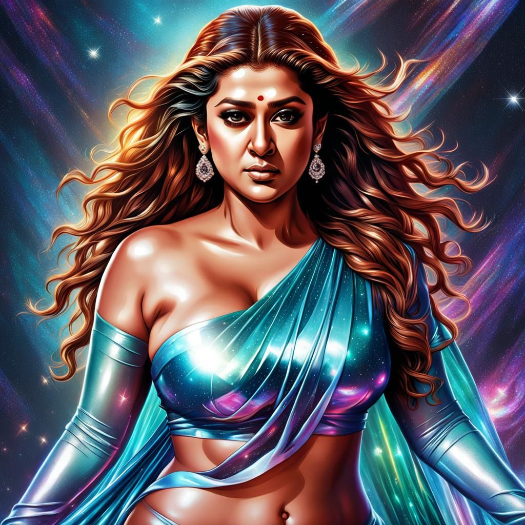 Plus Size Actress in Cosmic Holographic Illustration