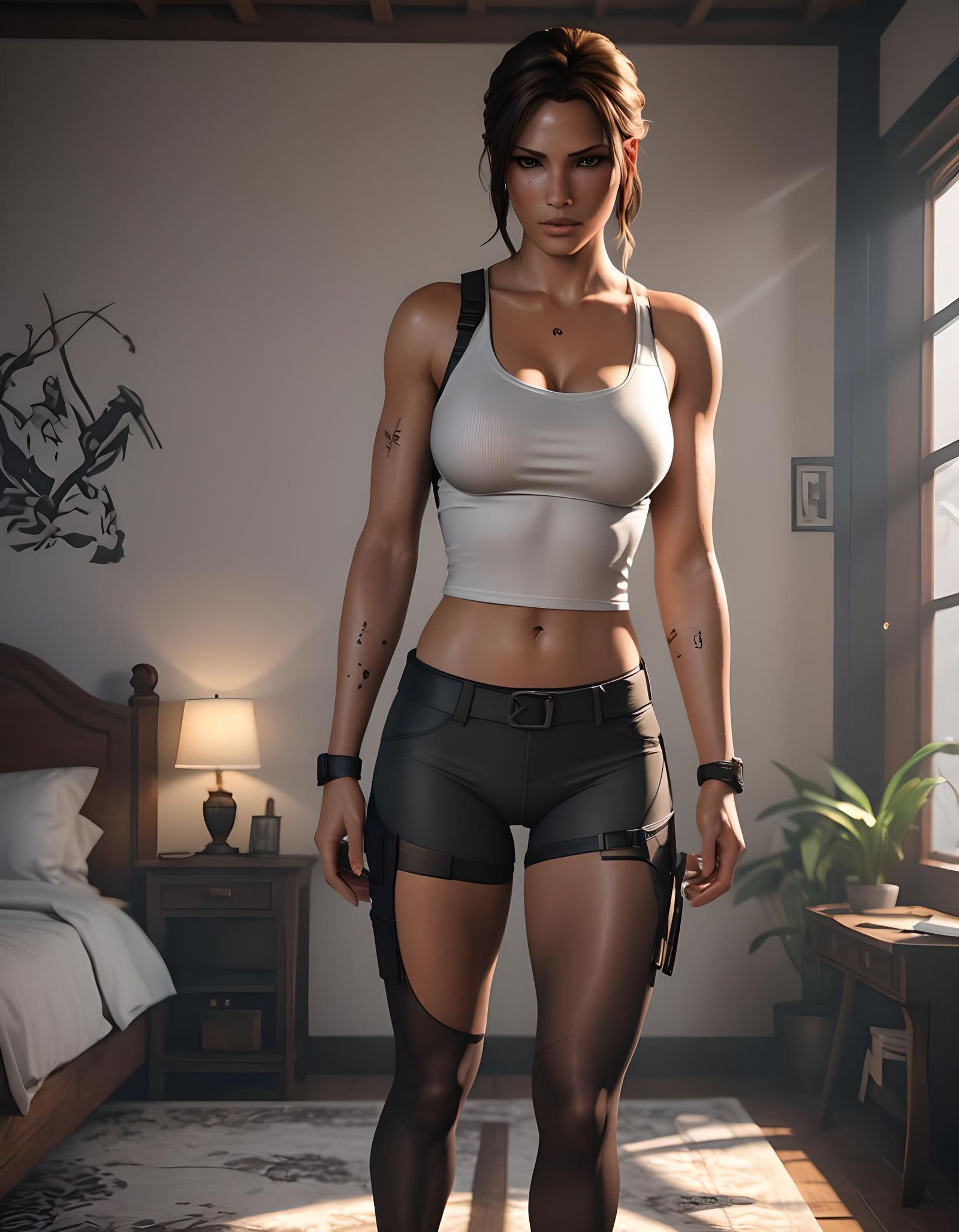 Lara Croft in tight hosiery underwear standing in bedroom