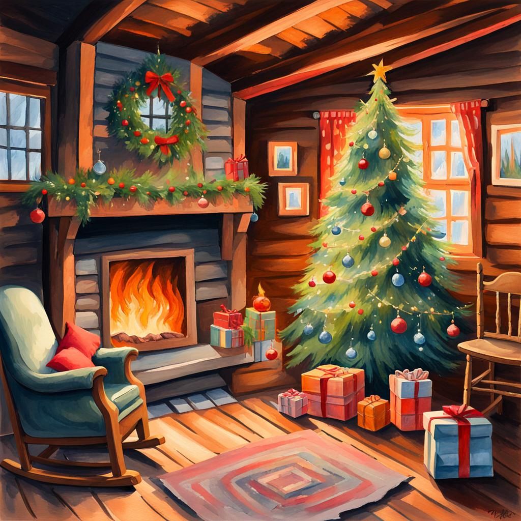 Christmas Cabin in Gouache Watercolor Style