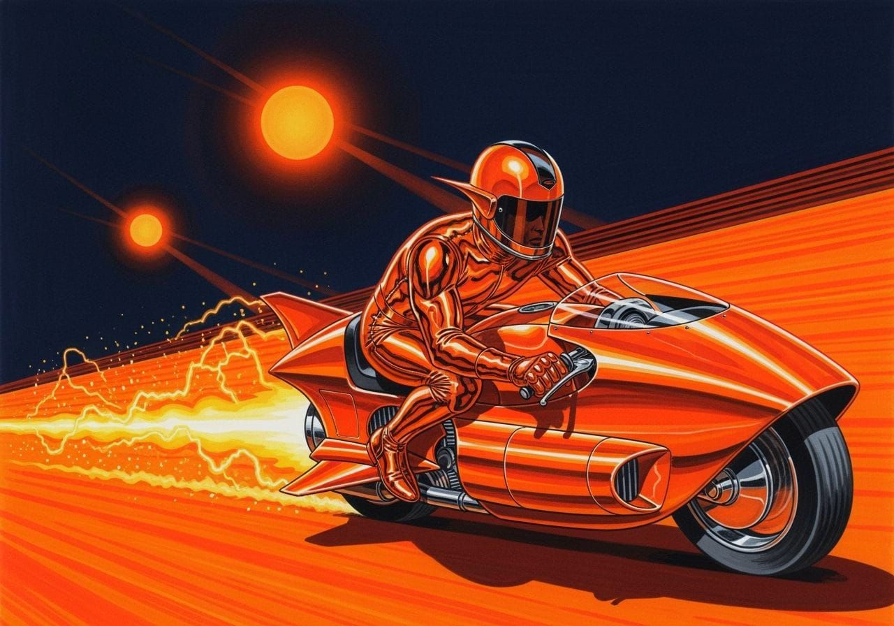 Retro Futurism Jet Bike Racer Under Two Moons