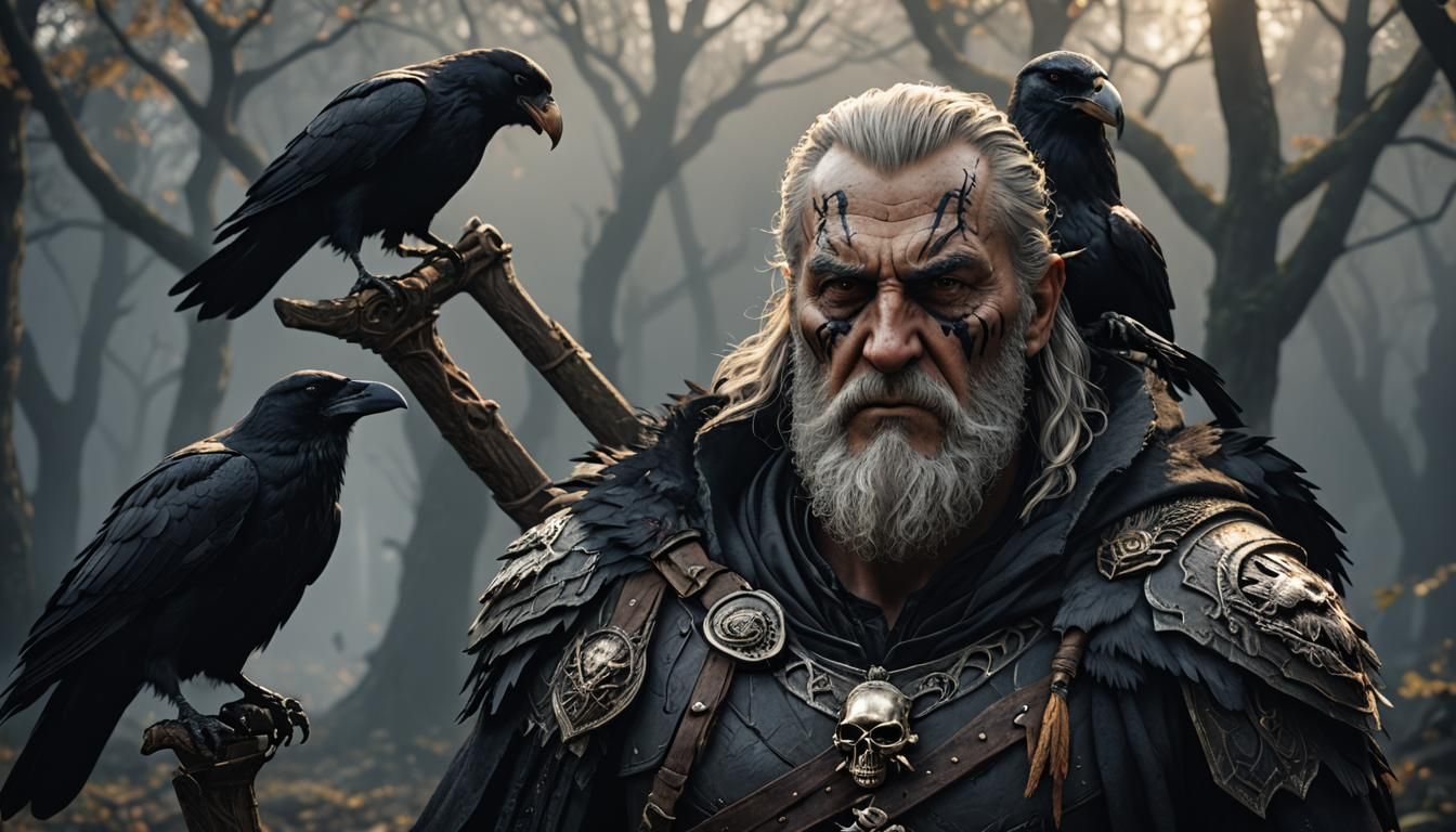 Odin with Crow: Dark, Dramatic 3D Render